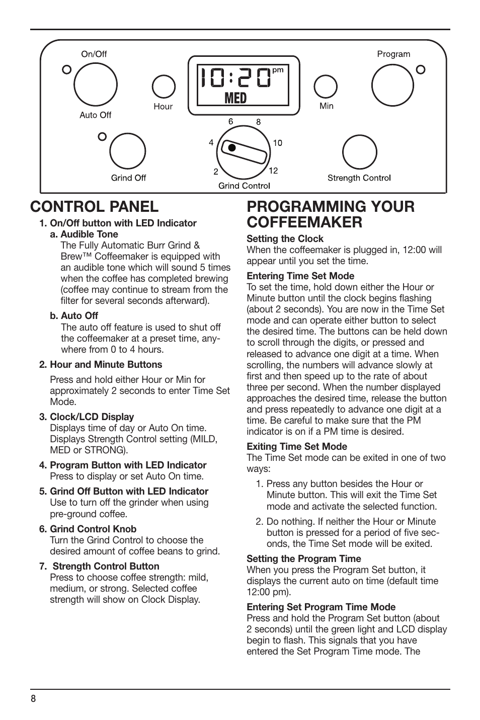 Control panel, Programming your coffeemaker | Cuisinart DGB-700 User Manual | Page 8 / 14