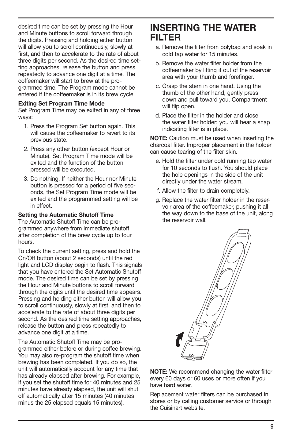 Inserting the water filter | Cuisinart DGB-700 User Manual | Page 9 / 14