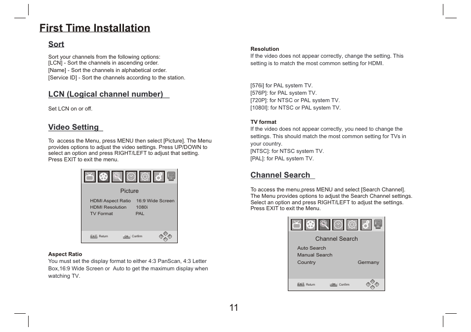 页 12, First time installation, Sort lcn (logical channel number) | Video setting, Channel search | Lenco DVP-9412 User Manual | Page 12 / 80