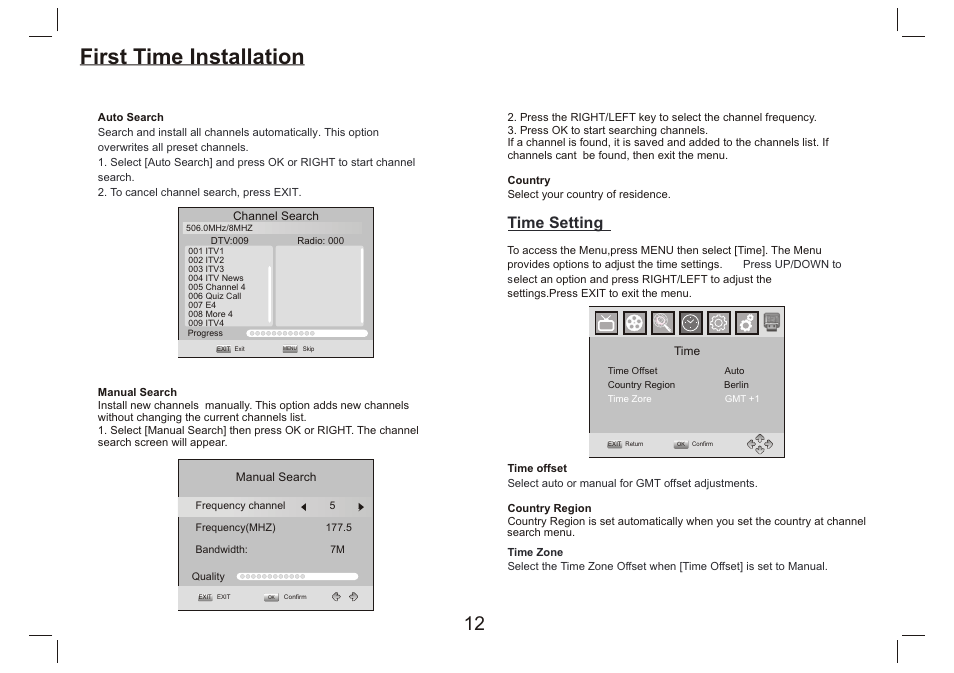 页 13, First time installation, Time setting | Lenco DVP-9412 User Manual | Page 13 / 80