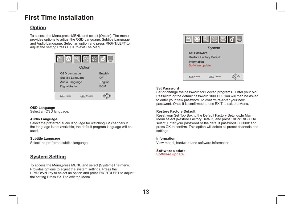 页 14, First time installation, Option | System setting | Lenco DVP-9412 User Manual | Page 14 / 80