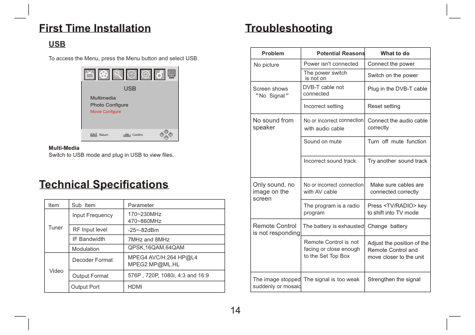 页 15, Troubleshooting, Technical specifications | First time installation | Lenco DVP-9412 User Manual | Page 15 / 80