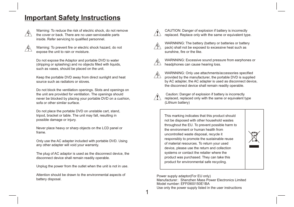 Important safety instructions | Lenco DVP-9412 User Manual | Page 2 / 80
