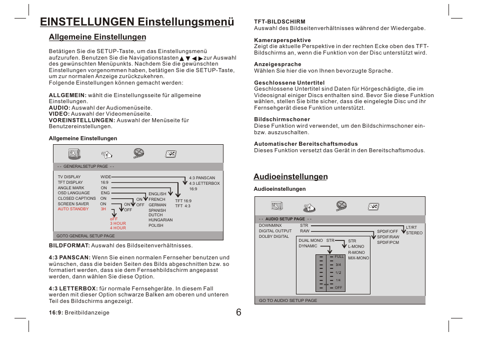 Einstellungen einstellungsmenü, Allgemeine einstellungen, Audioeinstellungen | Lenco DVP-9412 User Manual | Page 23 / 80