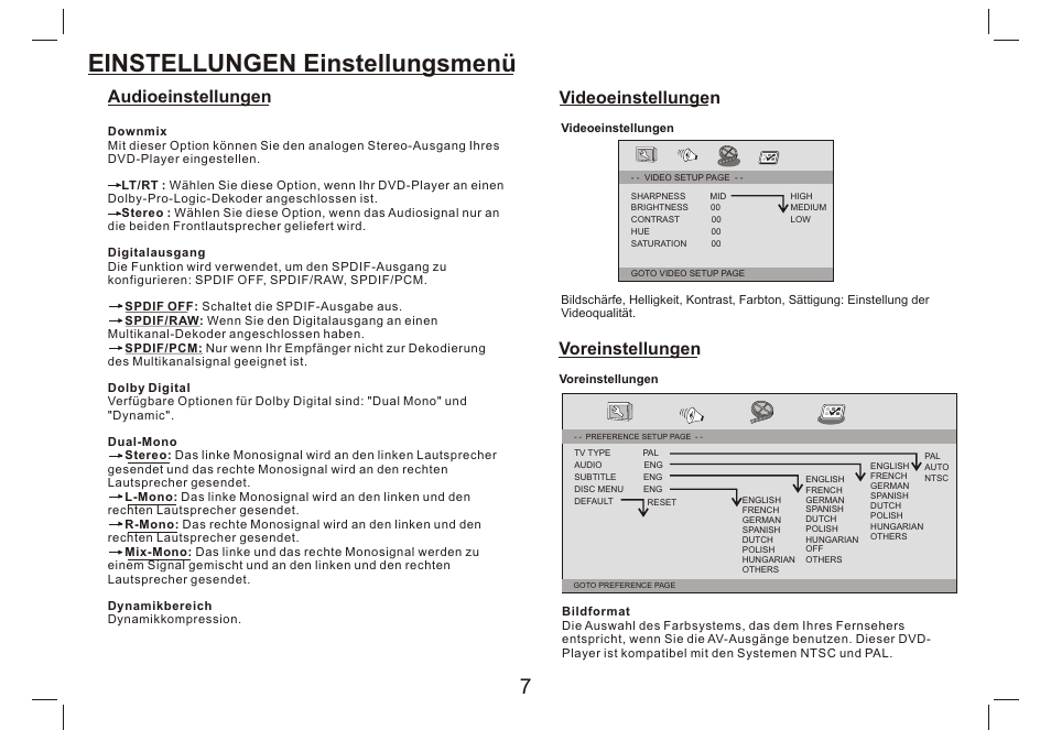 Einstellungen einstellungsmenü, Videoeinstellungen, Voreinstellungen | Audioeinstellungen | Lenco DVP-9412 User Manual | Page 24 / 80