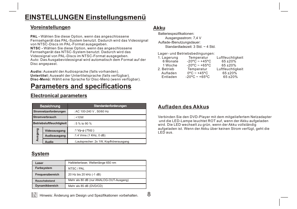 Einstellungen einstellungsmenü, Parameters and specifications, Voreinstellungen | Electronical parameters, System, Akku, Aufladen des akkus | Lenco DVP-9412 User Manual | Page 25 / 80