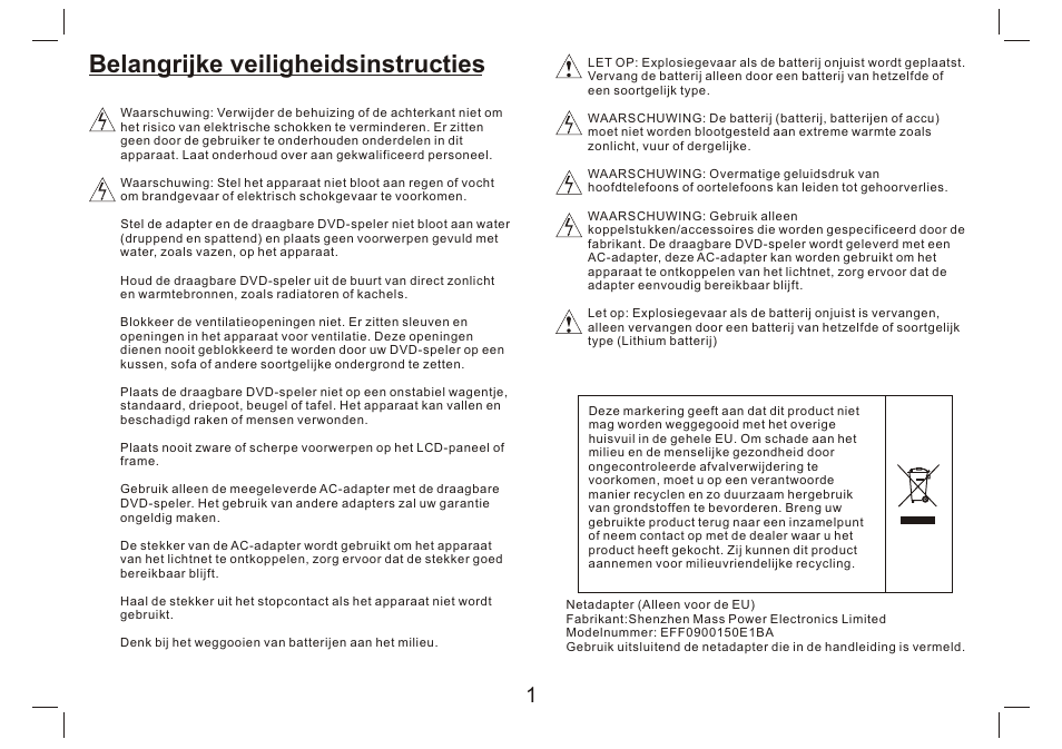 Belangrijke veiligheidsinstructies | Lenco DVP-9412 User Manual | Page 34 / 80