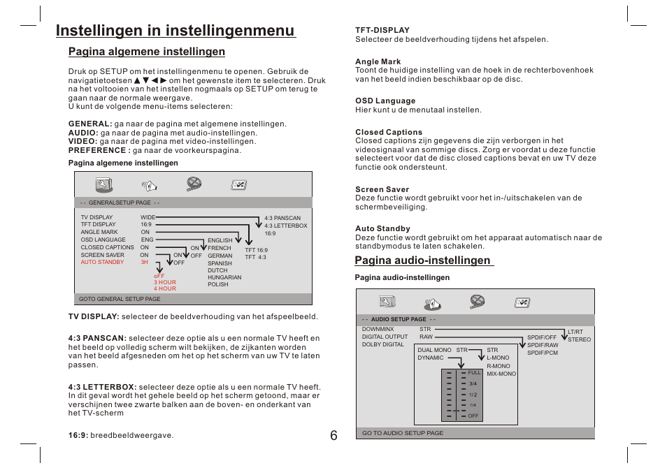 Instellingen in instellingenmenu, Pagina algemene instellingen, Pagina audio-instellingen | Lenco DVP-9412 User Manual | Page 39 / 80