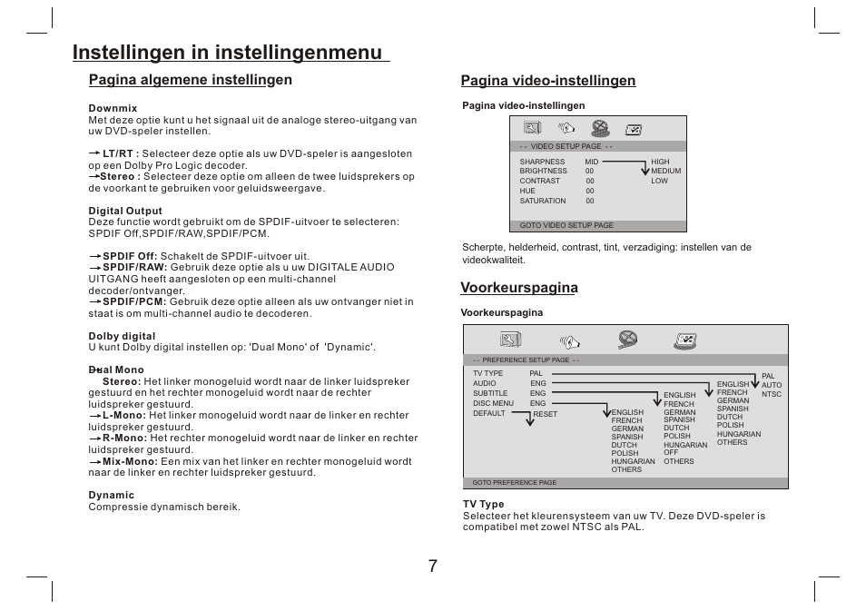 Instellingen in instellingenmenu, Pagina video-instellingen, Voorkeurspagina | Pagina algemene instellingen | Lenco DVP-9412 User Manual | Page 40 / 80