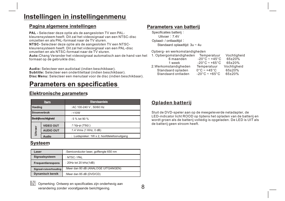 Instellingen in instellingenmenu, Parameters en specificaties | Lenco DVP-9412 User Manual | Page 41 / 80