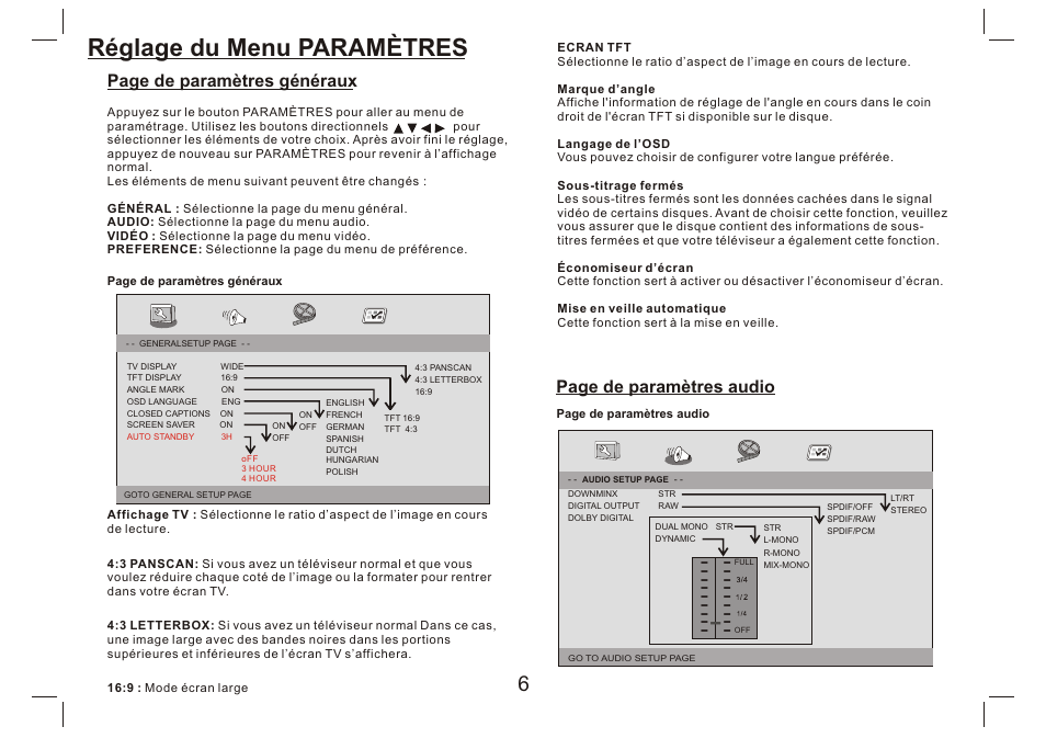 Réglage du menu paramètres, Page de paramètres généraux, Page de paramètres audio | Lenco DVP-9412 User Manual | Page 55 / 80