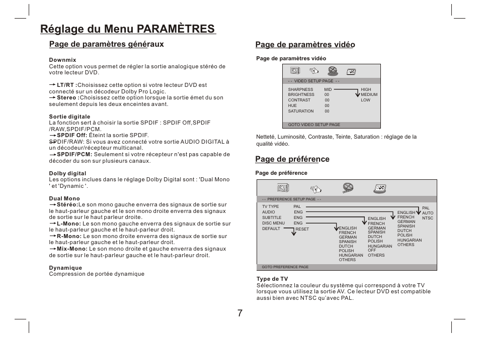 Réglage du menu paramètres, Page de paramètres vidéo, Page de préférence | Page de paramètres généraux | Lenco DVP-9412 User Manual | Page 56 / 80