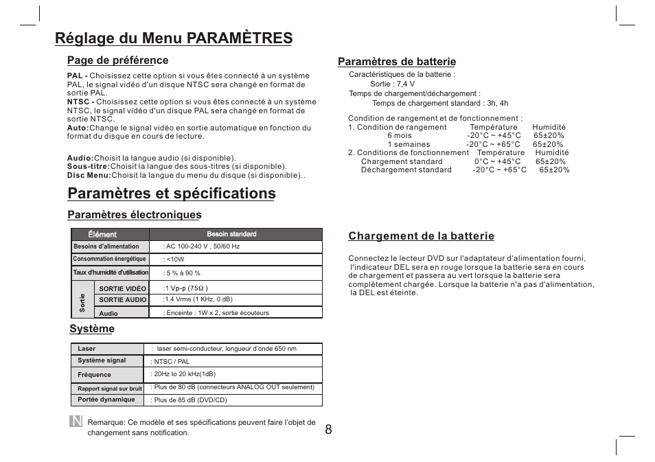 Réglage du menu paramètres, Paramètres et spécifications | Lenco DVP-9412 User Manual | Page 57 / 80