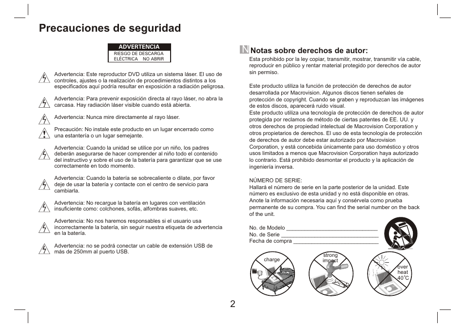 Precauciones de seguridad, Notas sobre derechos de autor | Lenco DVP-9412 User Manual | Page 67 / 80