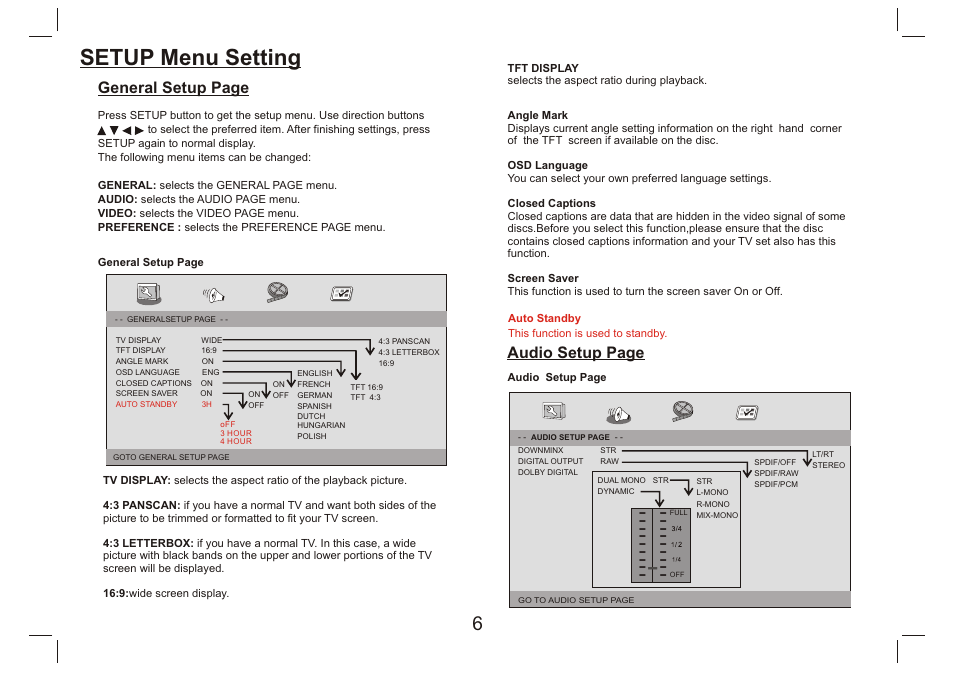 Setup menu setting, General setup page, Audio setup page | Lenco DVP-9412 User Manual | Page 7 / 80