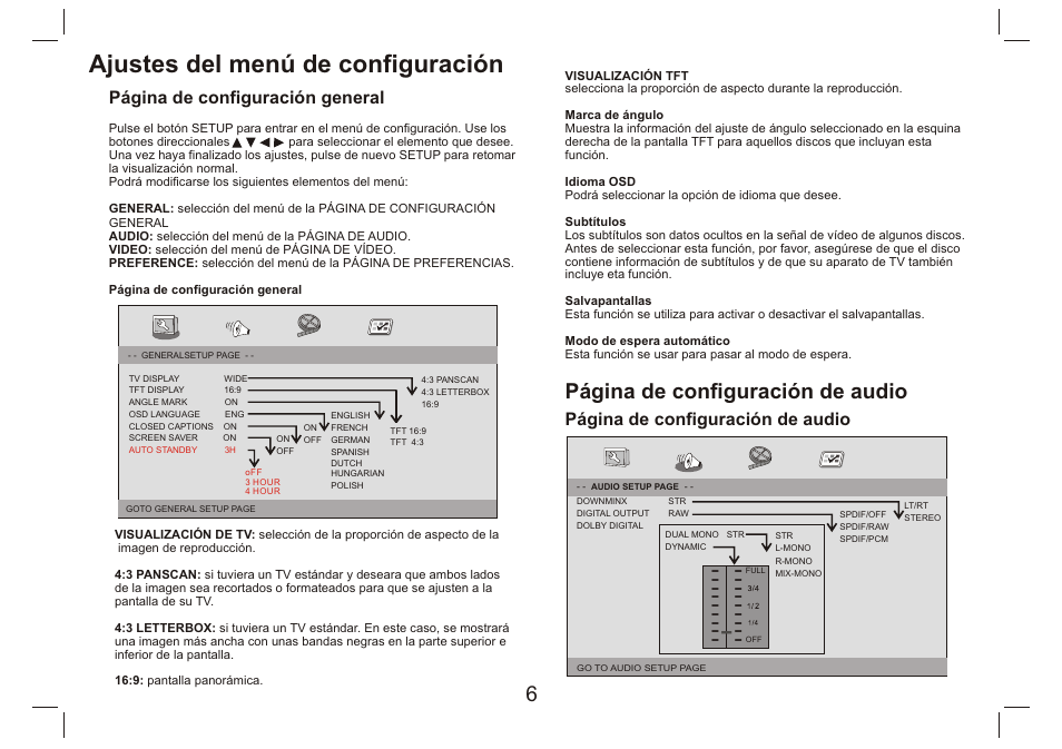 Ajustes del menú de configuración, Página de configuración de audio, Página de configuración general | Lenco DVP-9412 User Manual | Page 71 / 80