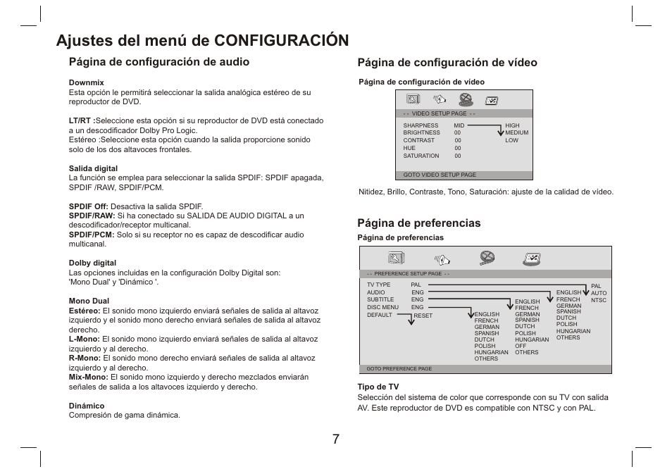 Ajustes del menú de configuración, Página de configuración de vídeo, Página de preferencias | Página de configuración de audio | Lenco DVP-9412 User Manual | Page 72 / 80