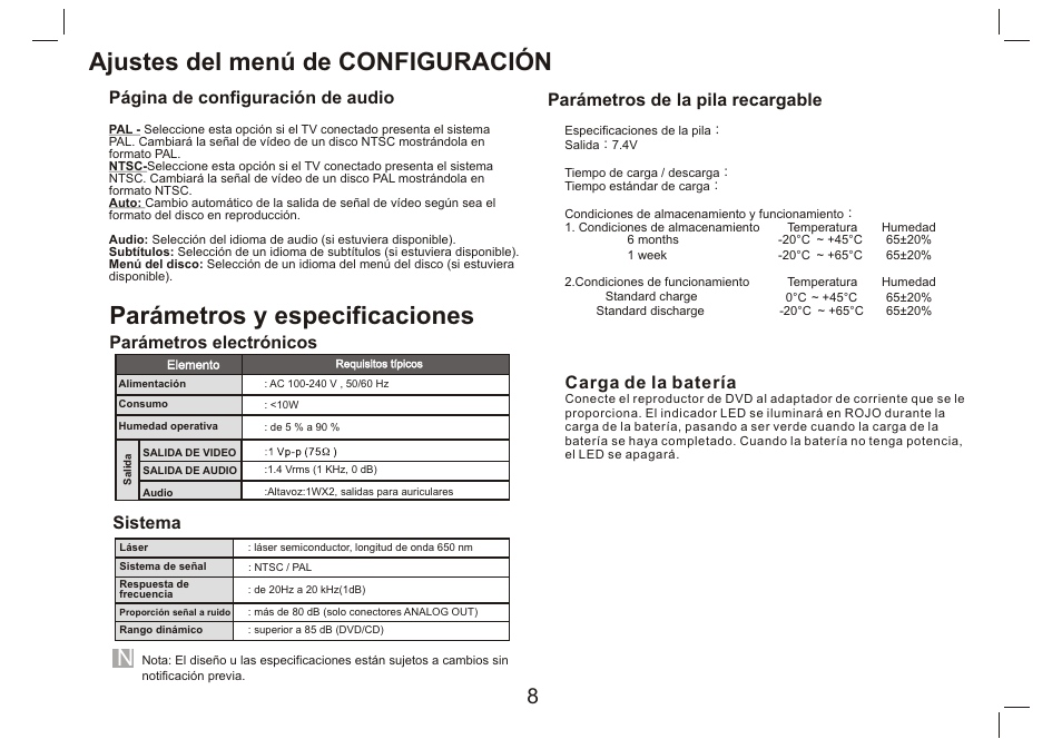 Ajustes del menú de configuración, Parámetros y especificaciones, Página de configuración de audio | Parámetros electrónicos, Sistema, Parámetros de la pila recargable, Carga de la batería | Lenco DVP-9412 User Manual | Page 73 / 80