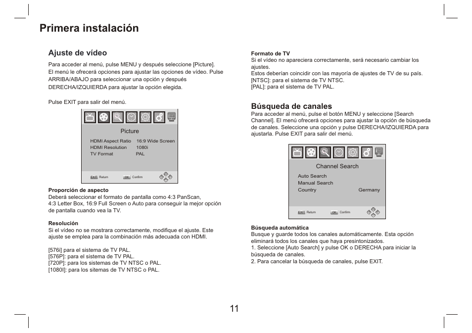 页 12, Primera instalación, Ajuste de vídeo | Búsqueda de canales | Lenco DVP-9412 User Manual | Page 76 / 80