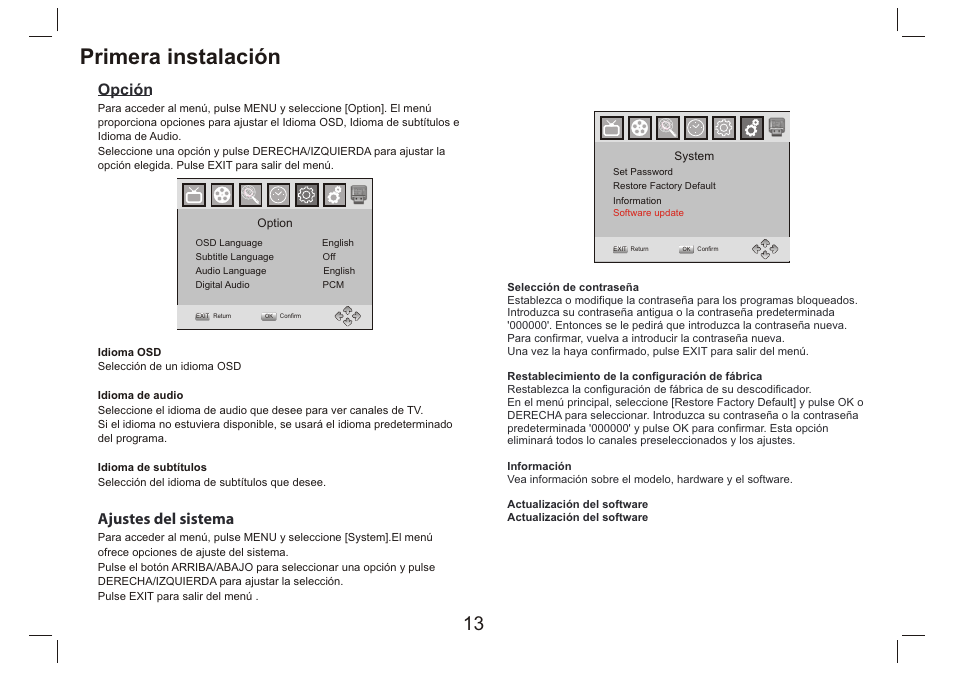 页 14, Primera instalación, Opción | Ajustes del sistema | Lenco DVP-9412 User Manual | Page 78 / 80