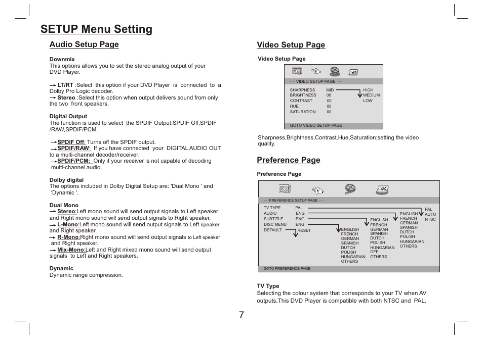 Setup menu setting, Video setup page, Preference page | Audio setup page | Lenco DVP-9412 User Manual | Page 8 / 80
