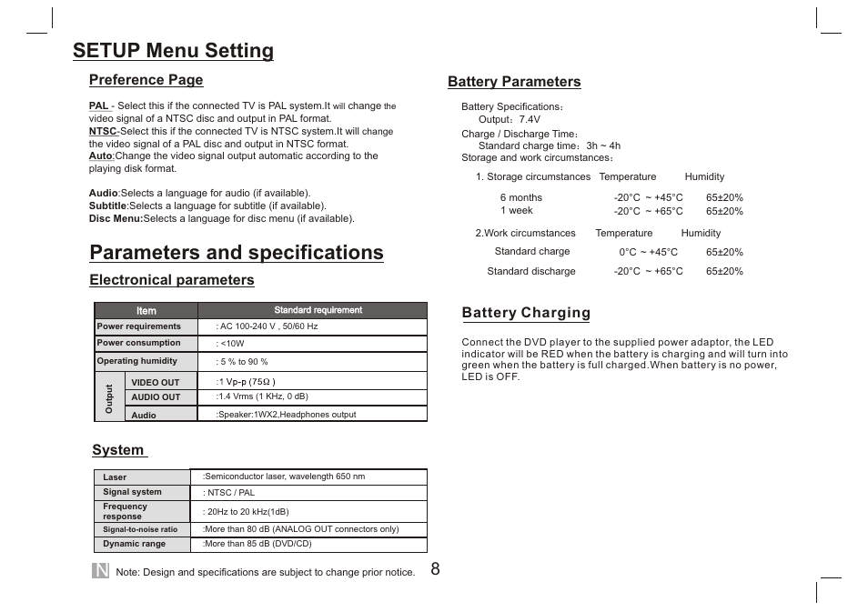 Setup menu setting, Parameters and specifications, Preference page | Electronical parameters, System, Battery parameters, Battery charging | Lenco DVP-9412 User Manual | Page 9 / 80