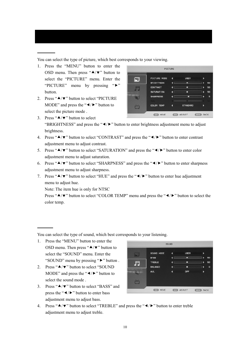 Osd basic adjustment, Picture, Sound | Lenco DVT-220 User Manual | Page 11 / 23