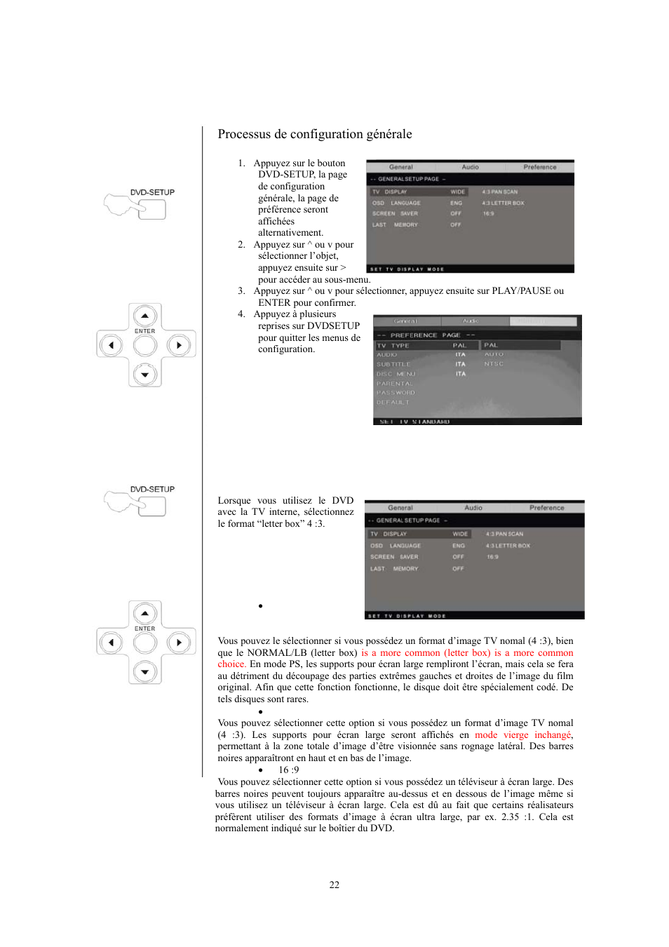 Configuration du système dvd, Processus de configuration générale | Lenco DVT-228 User Manual | Page 126 / 169