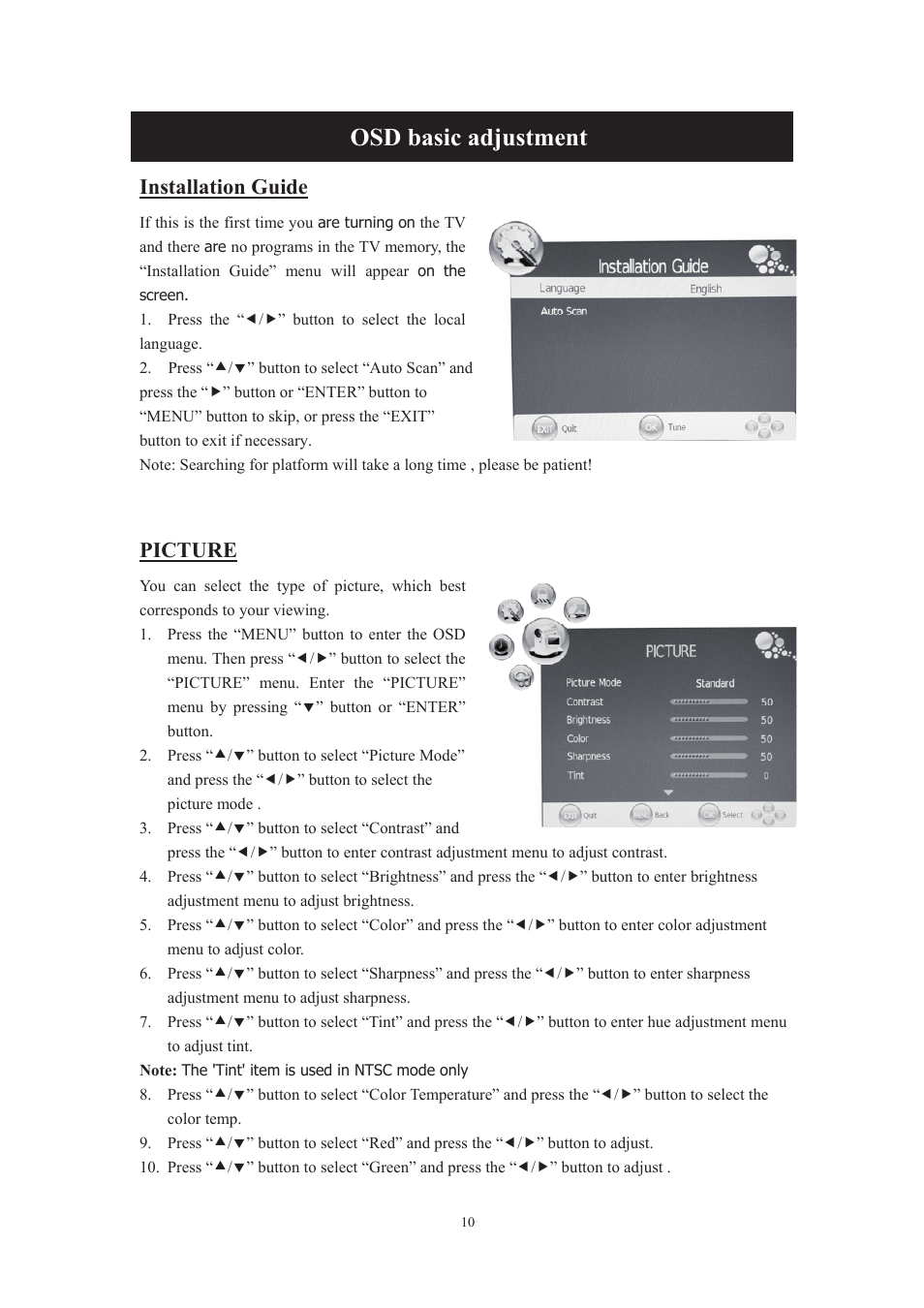 Osd basic adjustment, Installation guide, Picture | Lenco DVT-229 User Manual | Page 11 / 164