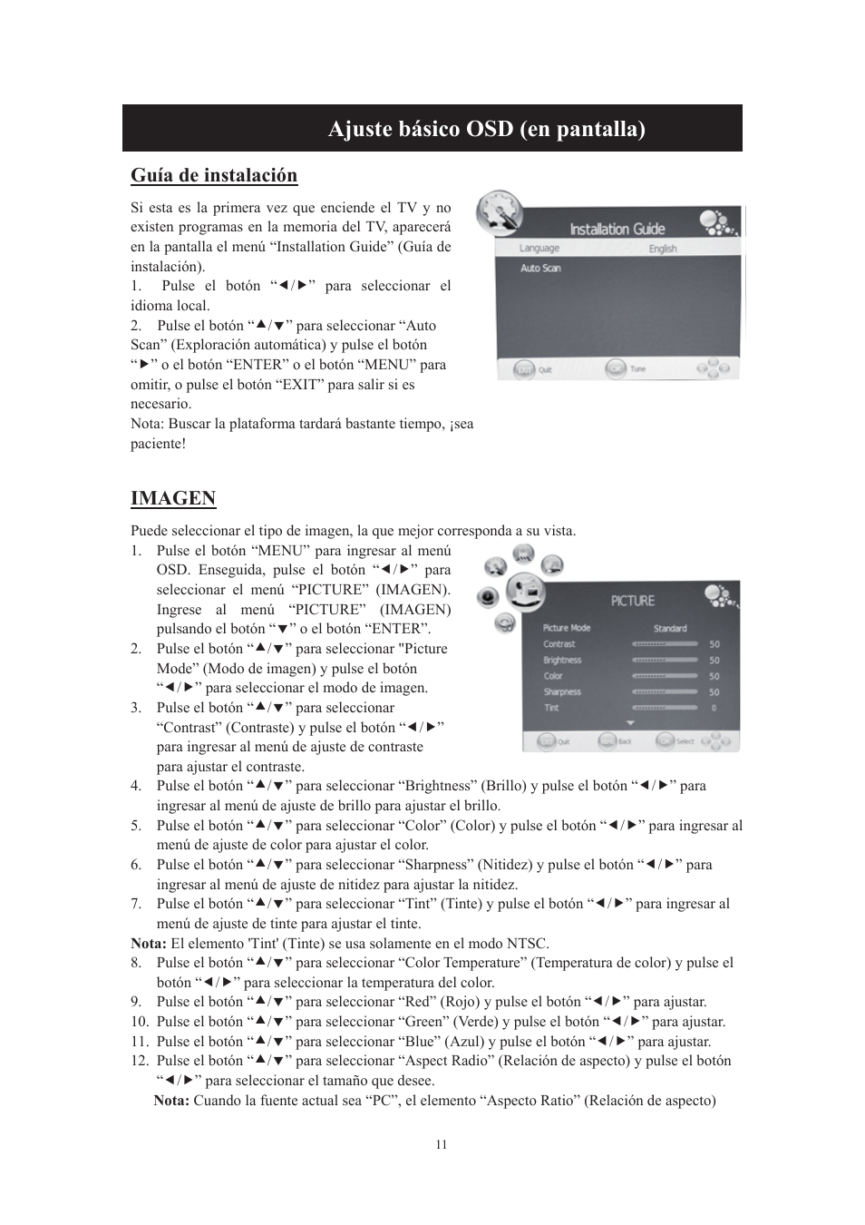 Ajuste básico osd (en pantalla), Guía de instalación, Imagen | Lenco DVT-229 User Manual | Page 143 / 164