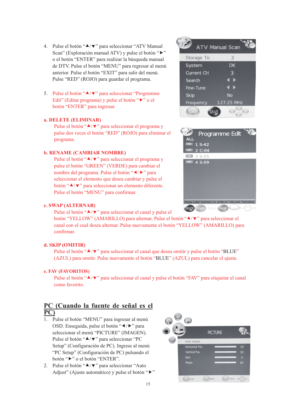 Pc (cuando la fuente de señal es el pc) | Lenco DVT-229 User Manual | Page 147 / 164