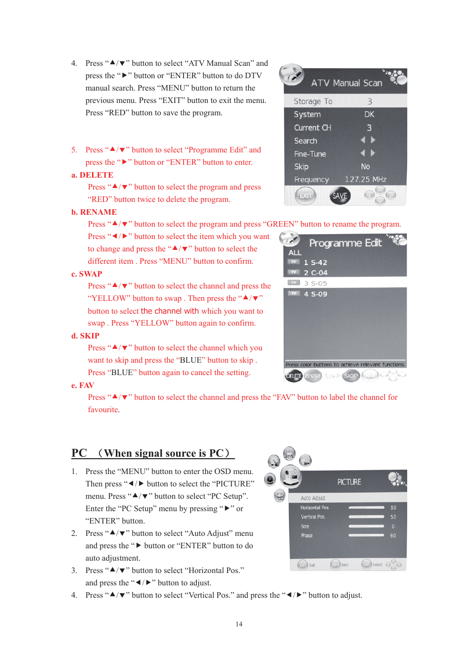 When signal source is pc | Lenco DVT-229 User Manual | Page 15 / 164