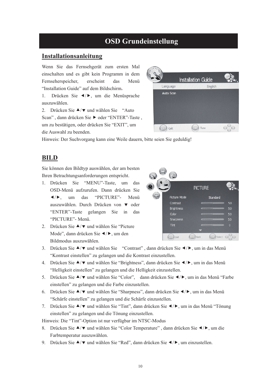 Osd grundeinstellung, Installationsanleitung, Bild | Lenco DVT-229 User Manual | Page 44 / 164