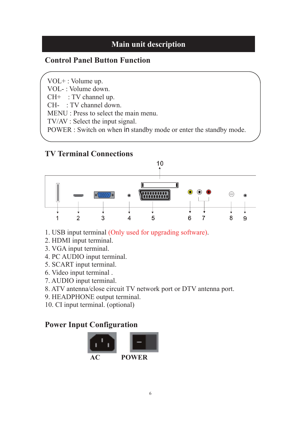 Tv terminal connections, Power input configuration | Lenco DVT-229 User Manual | Page 7 / 164