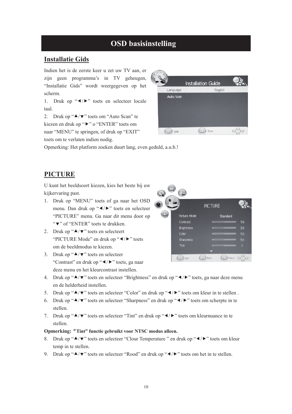 Osd basisinstelling, Installatie gids, Picture | Lenco DVT-229 User Manual | Page 76 / 164