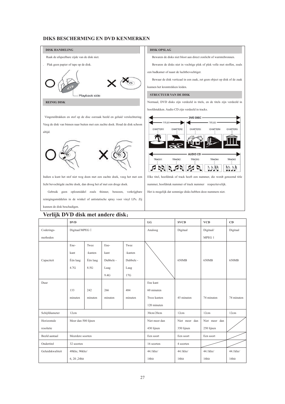 Verlijk dvd disk met andere disk, Diks bescherming en dvd kenmerken | Lenco DVT-229 User Manual | Page 93 / 164