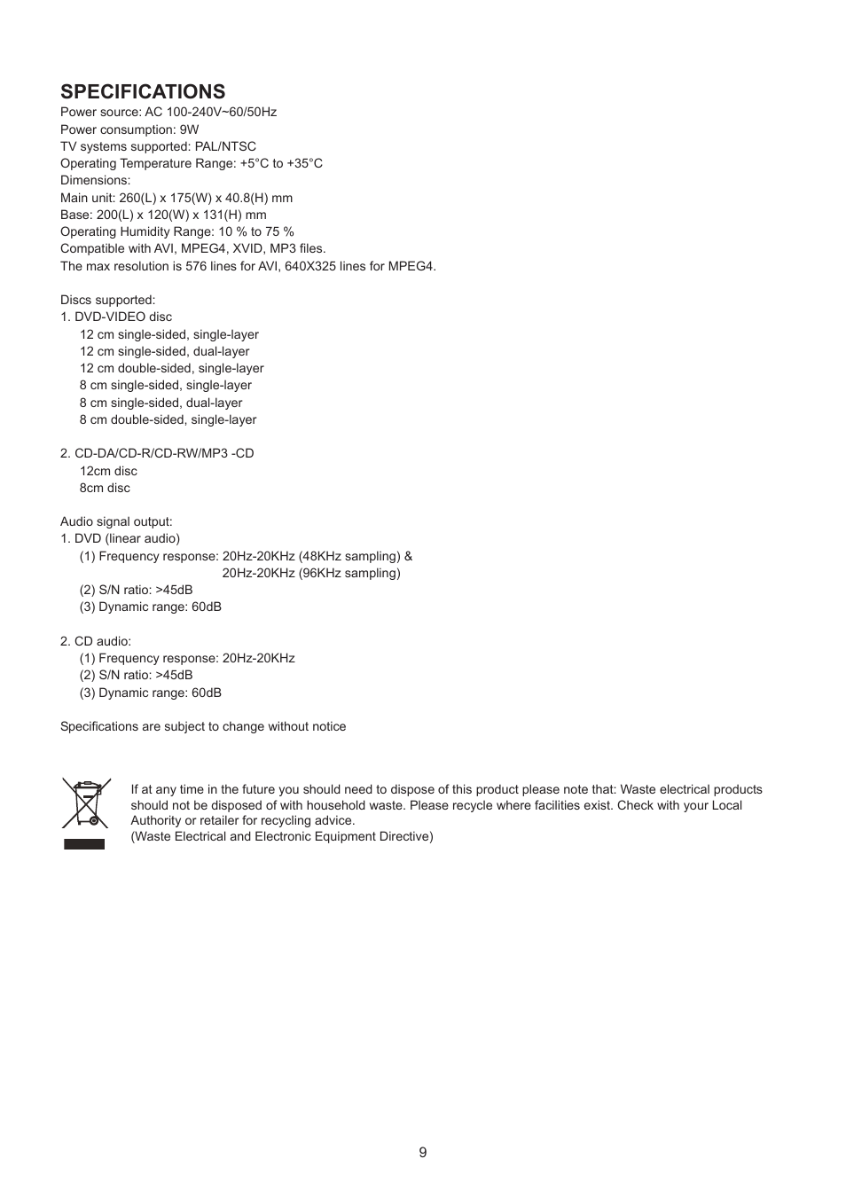 Specifications | Lenco DVT-950 User Manual | Page 10 / 10