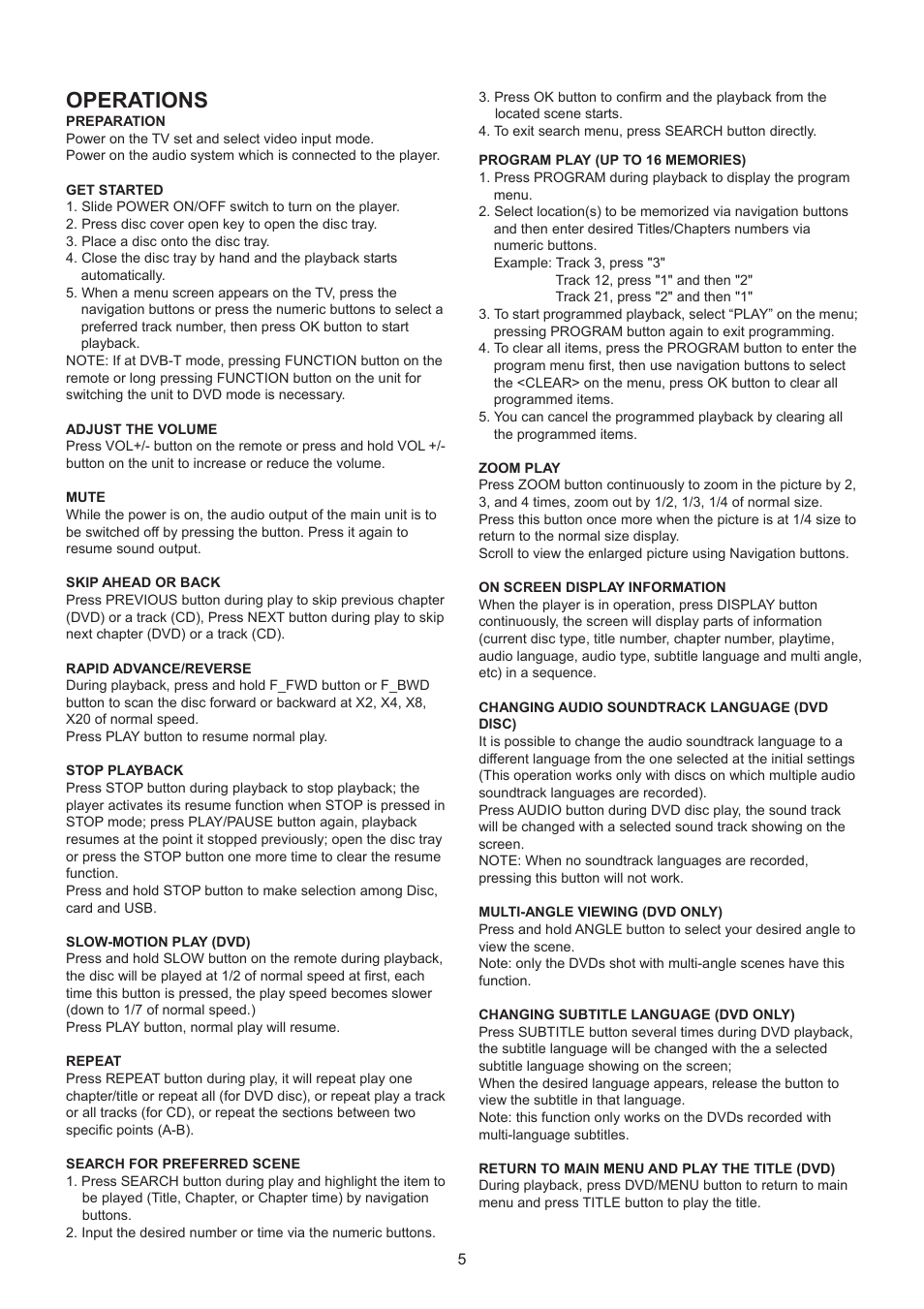 Operations | Lenco DVT-950 User Manual | Page 6 / 10