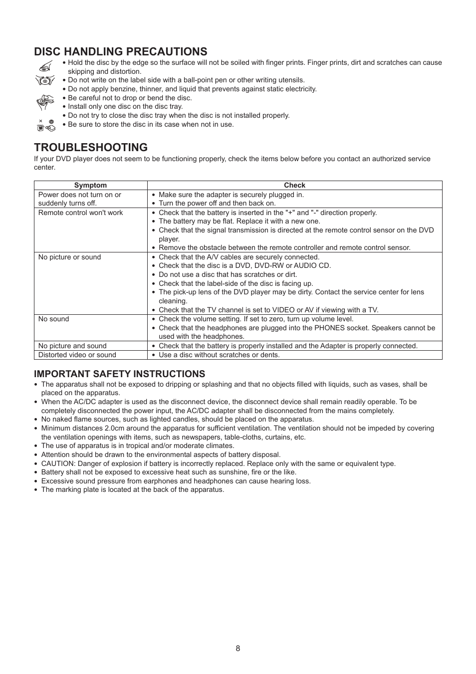 Disc handling precautions, Troubleshooting, Important safety instructions | Lenco DVT-950 User Manual | Page 9 / 10