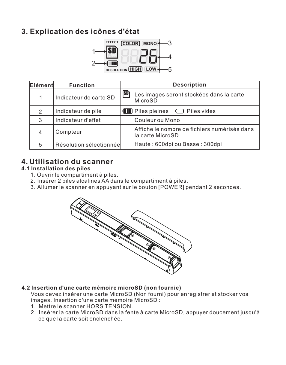 页 12, Explication des icônes d'état, Utilisation du scanner | Lenco HS-100 User Manual | Page 12 / 40