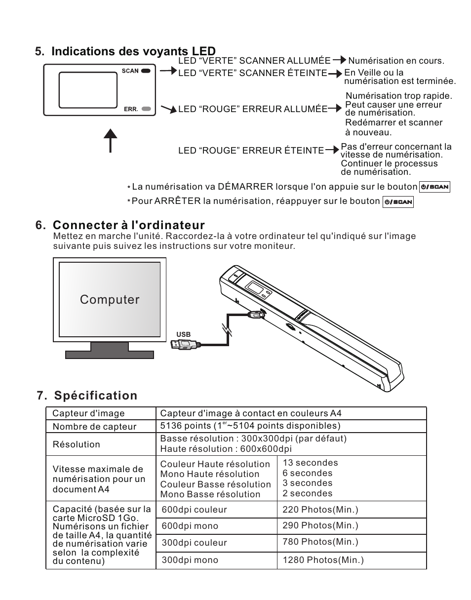 页 14, Indications des voyants led, Connecter à l'ordinateur 7. spécification | Computer | Lenco HS-100 User Manual | Page 14 / 40