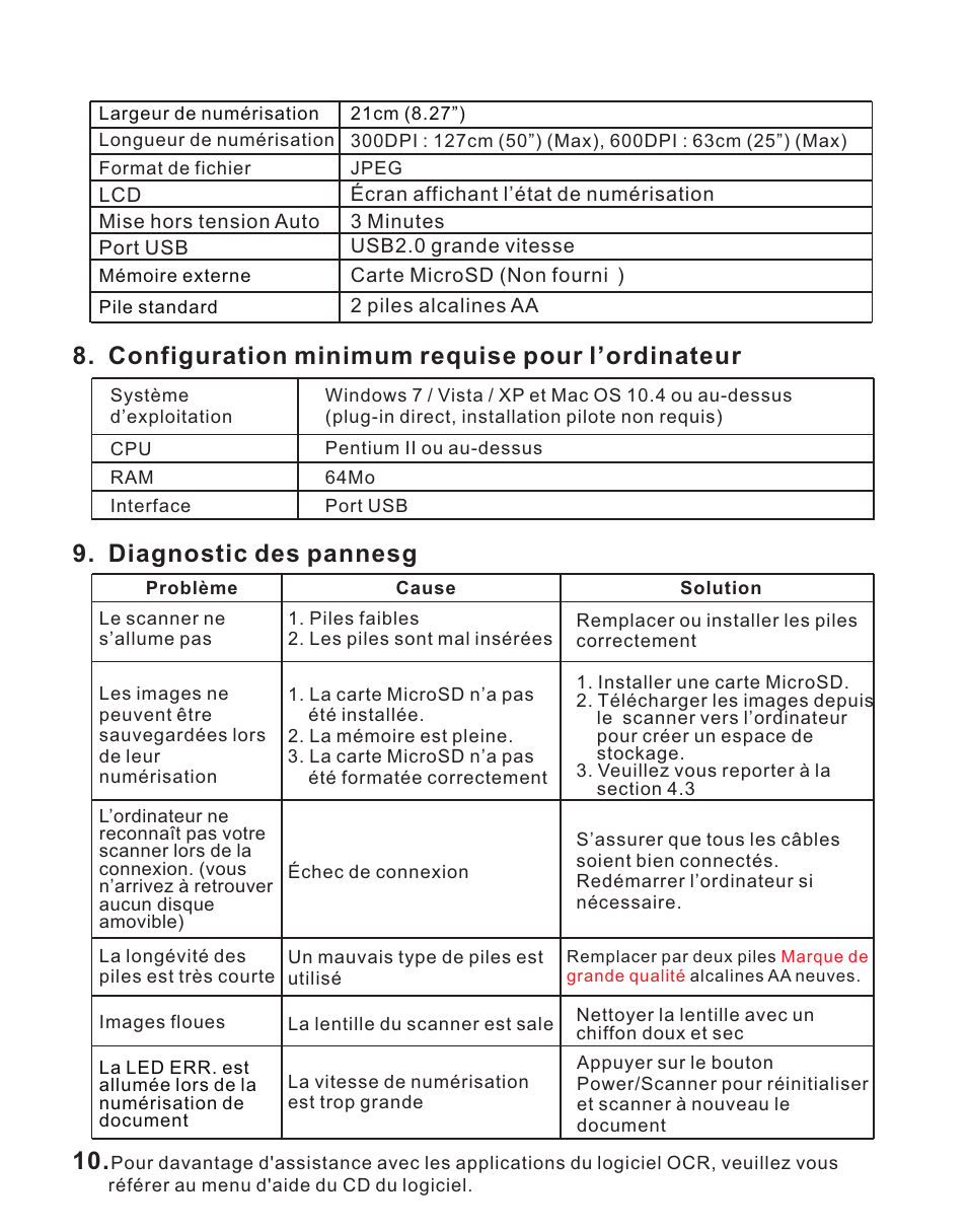 页 15, Configuration minimum requise pour l’ordinateur, Diagnostic des pannesg | Lenco HS-100 User Manual | Page 15 / 40