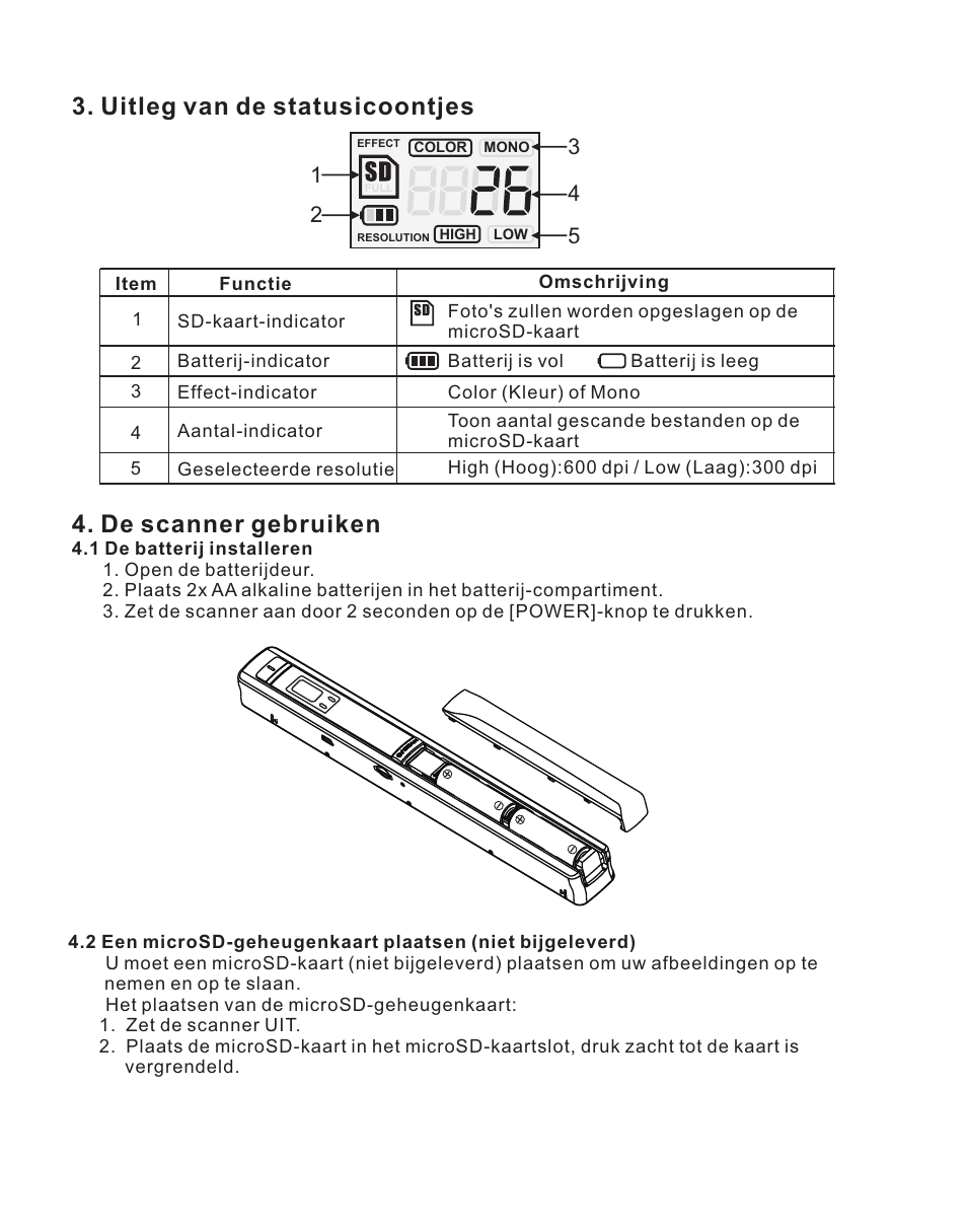 页 20, De scanner gebruiken, Uitleg van de statusicoontjes | Lenco HS-100 User Manual | Page 20 / 40