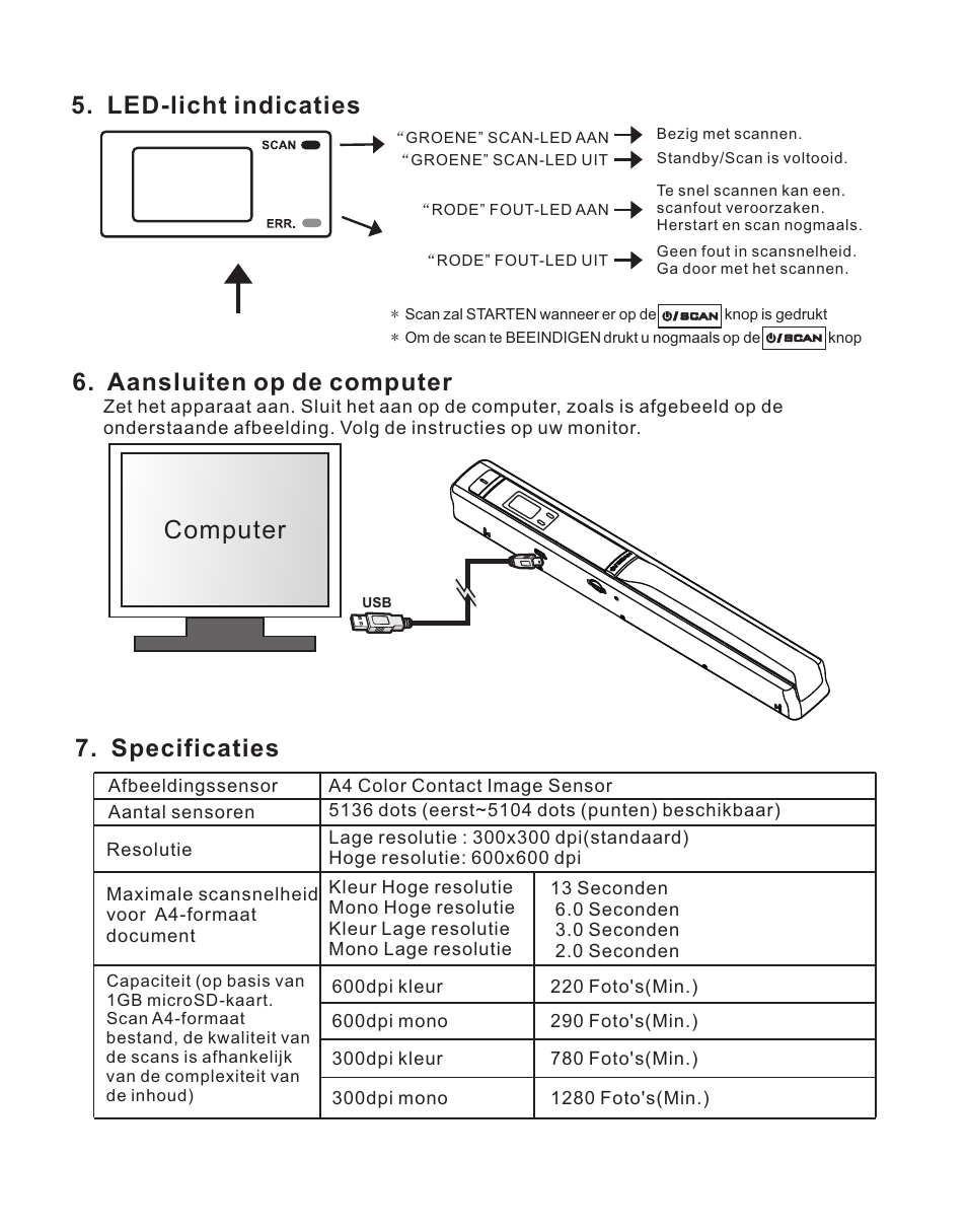 页 22, Led-licht indicaties, Computer 6. aansluiten op de computer | Specificaties | Lenco HS-100 User Manual | Page 22 / 40