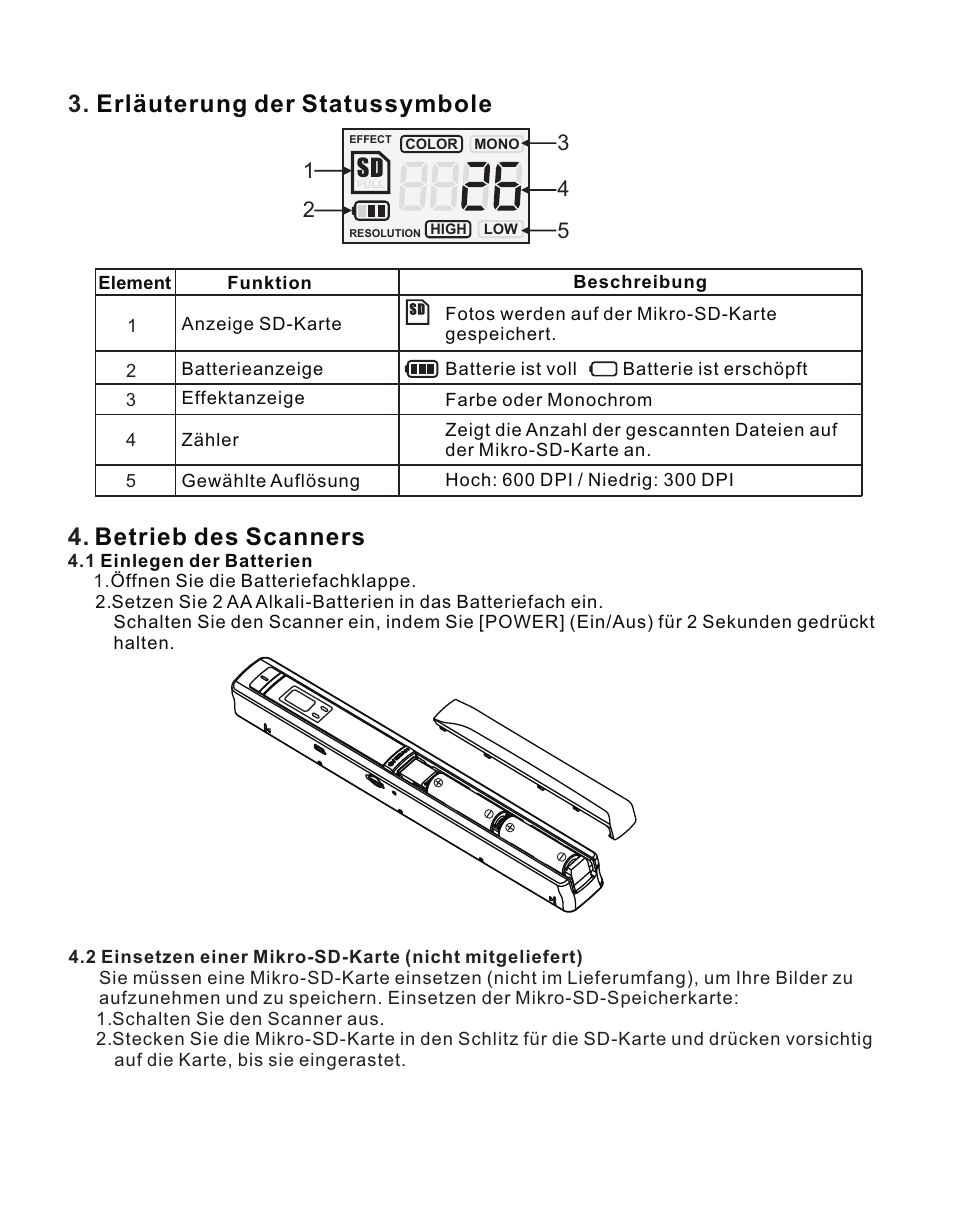 页 28, Erläuterung der statussymbole, Betrieb des scanners | Lenco HS-100 User Manual | Page 28 / 40
