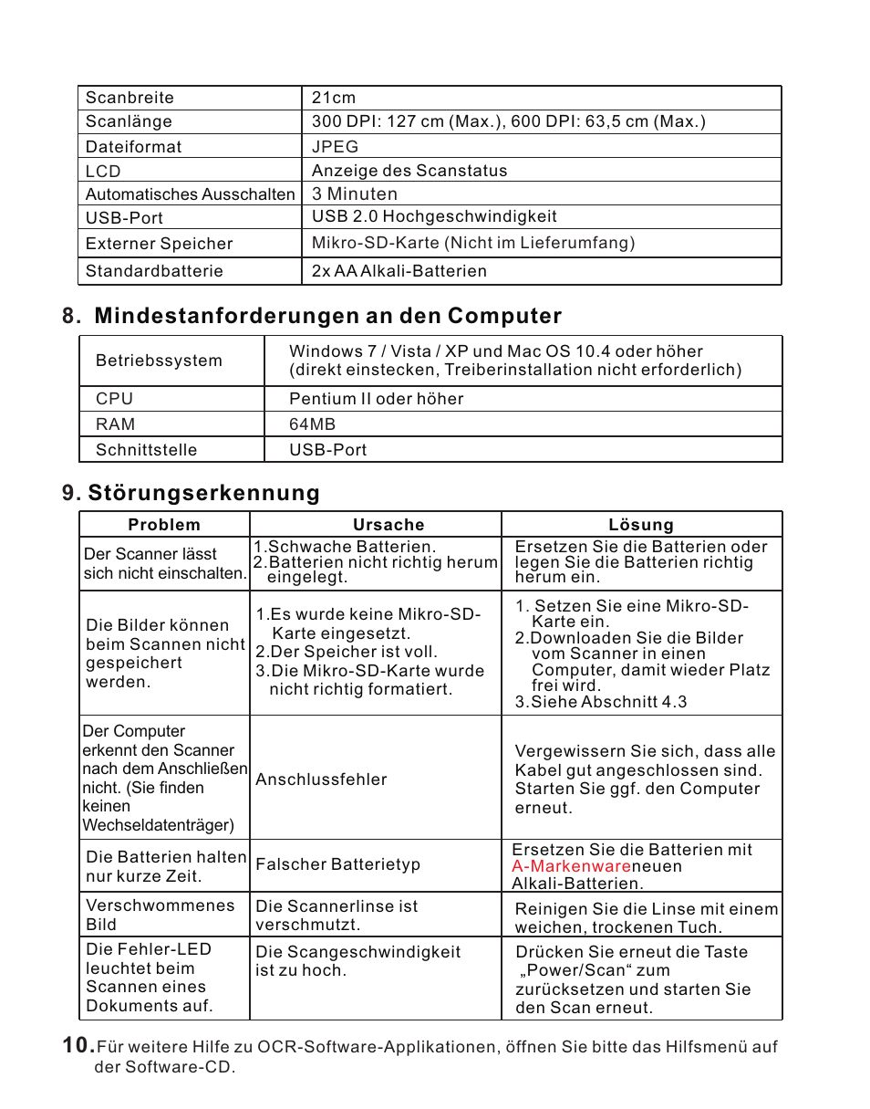 页 31, Mindestanforderungen an den computer, Störungserkennung | Lenco HS-100 User Manual | Page 31 / 40