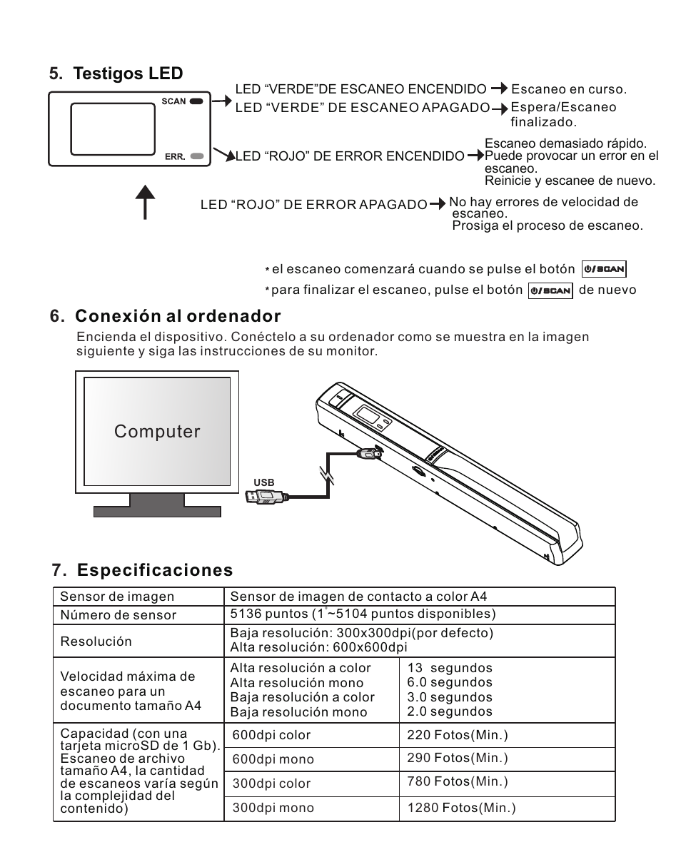 页 38, Testigos led, Conexión al ordenador 7. especificaciones | Computer | Lenco HS-100 User Manual | Page 38 / 40