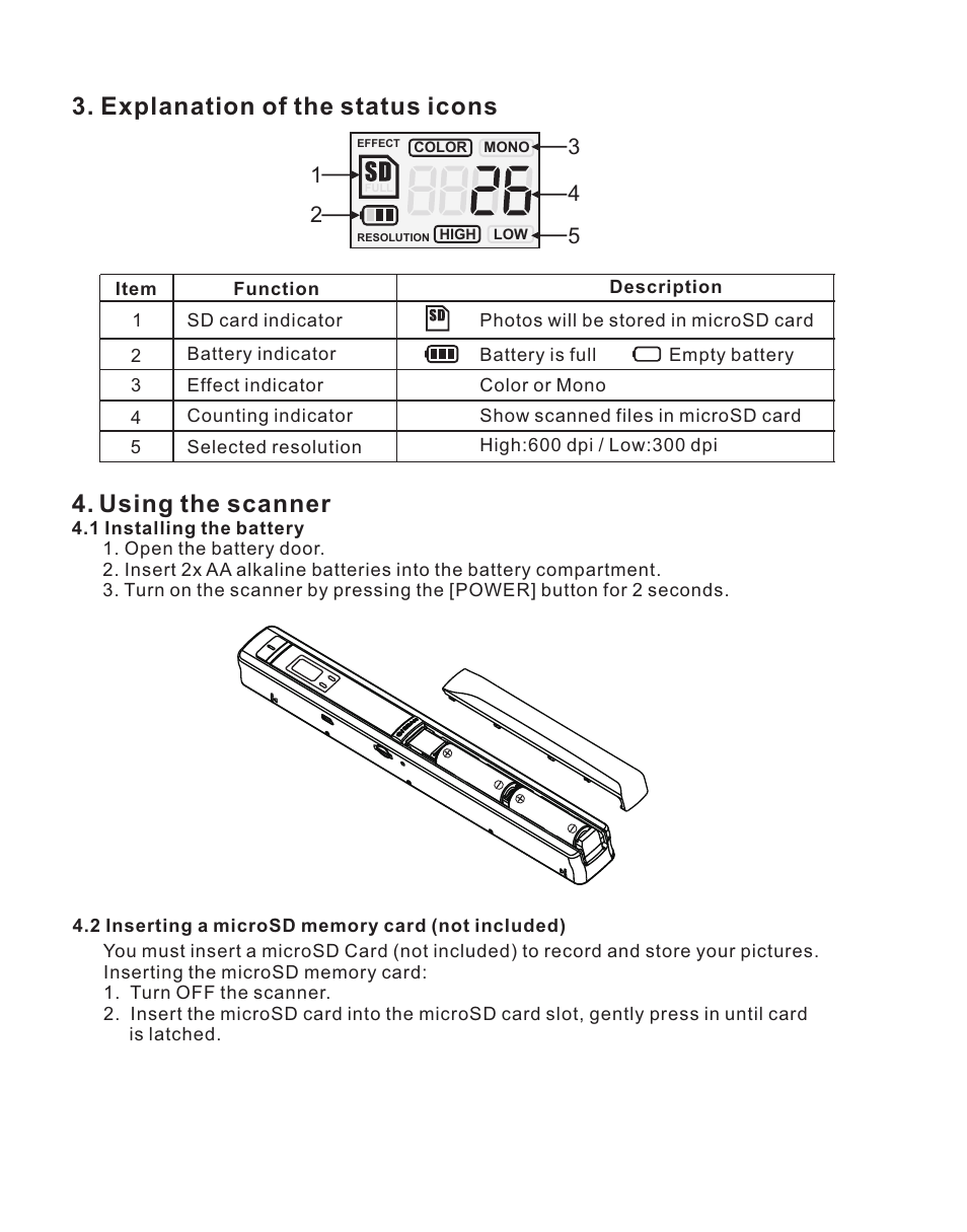 Explanation of the status icons, Using the scanner | Lenco HS-100 User Manual | Page 4 / 40