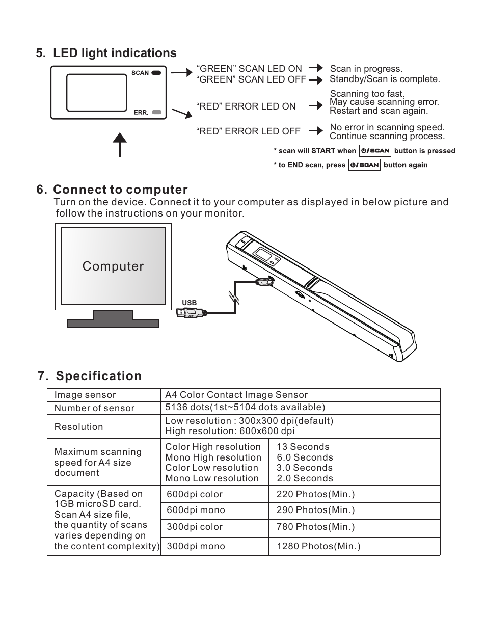 Led light indications, Computer 6. connect to computer, Specification | Lenco HS-100 User Manual | Page 6 / 40