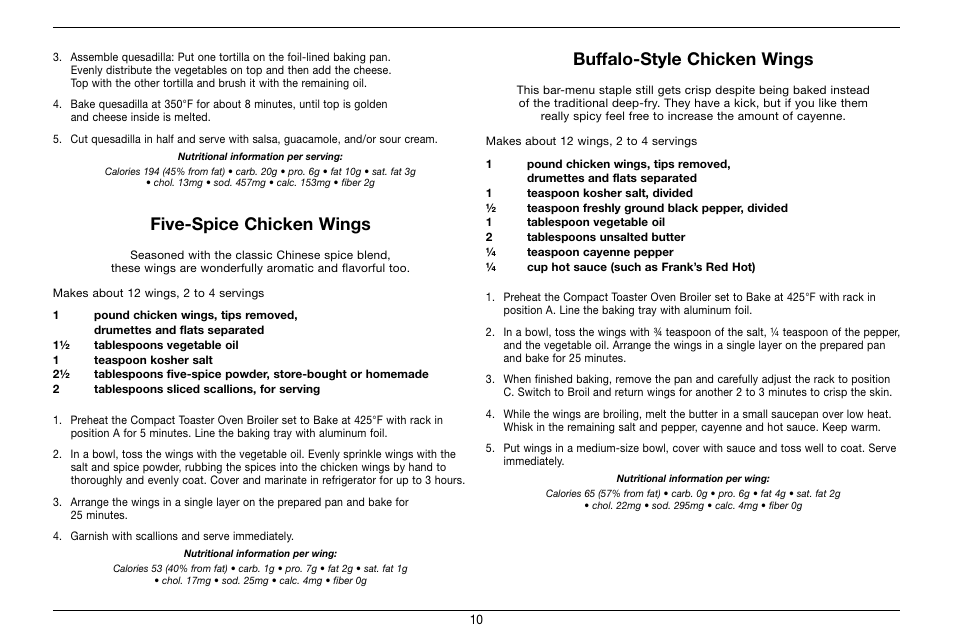 Five-spice chicken wings, Buffalo-style chicken wings | Cuisinart Compact Toaster Oven Broiler TOB-80 User Manual | Page 10 / 20